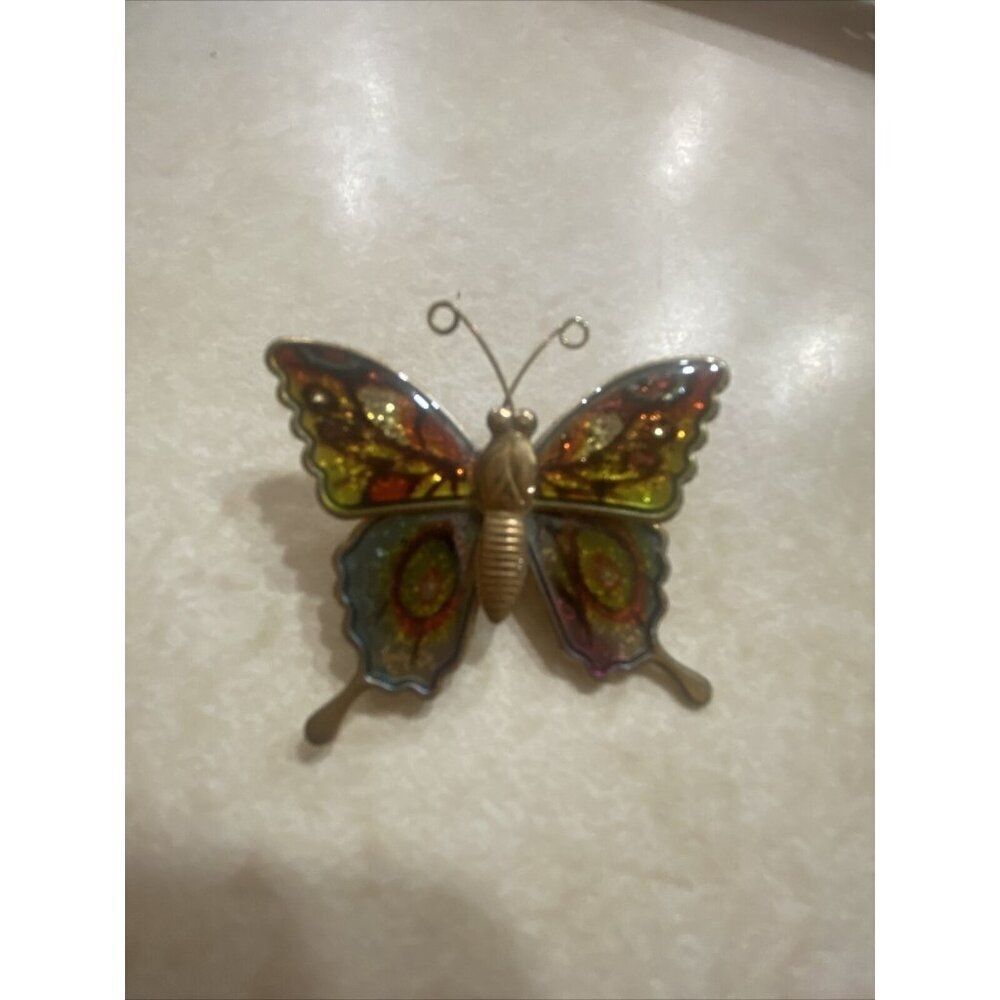 Vintage 1970s Butterfly Brooch Pin Orange Yellow Glitter Enamel Gold Tone Metal